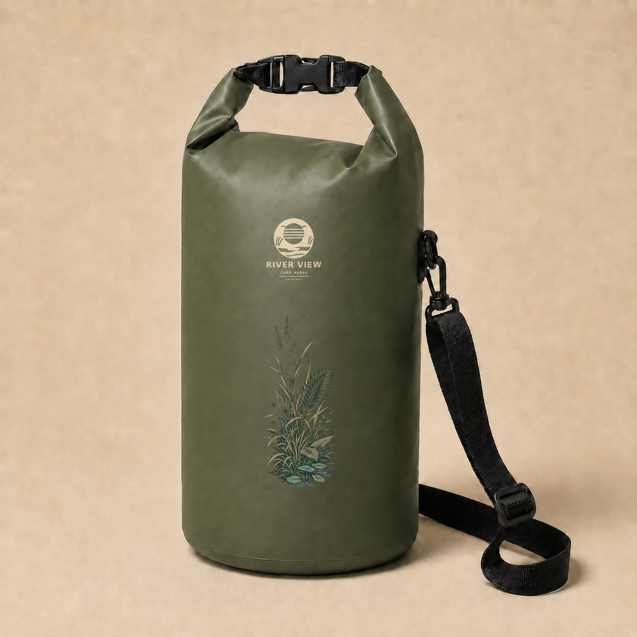 Bolso impermeable verde musgo River View con logo crema transparente y diseño botánico del humedal, color Verde musgo